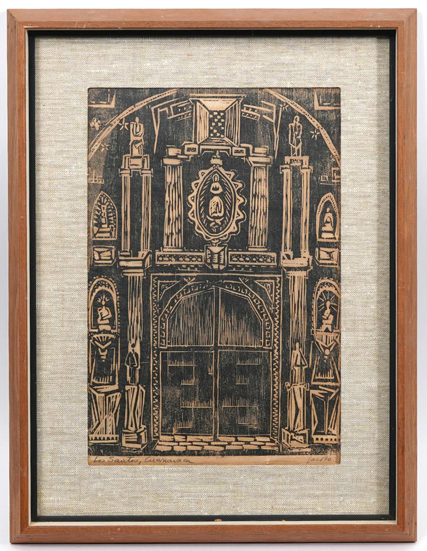 Mexican Woodcut Los Santos Cuernavaca: Mexican School Woodcut of the facade or entrance of a church, bottom left reads "Los Santos, Cuernavaca". Artist signed illegibly on right. Visual Image 14.5"H x 9.5"W; Framed 20.5"H x 15.5"W. Conditi