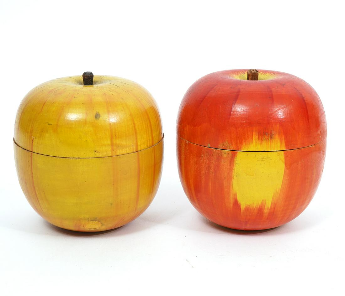 Two Japanese Apple Horse Race Games: Two Japanese carved and painted apple horse racing roulette games, missing some game pieces. Each measures 4.5"H x 3.75"W. Condition report: Condition report: Common wear for age and use , please exam