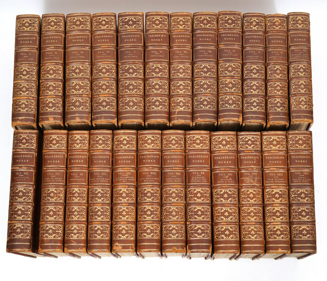 The Complete Works of William Makepeace Thackary': 24 volumes of 'The Complete Works of William Makepeace Thackary'. Burgundy hard cover leatherbound volumes, London, Smith, Elder & Co., 1878. Numbered 466 out of 1000 copies. Measures 10.75"H x 7.75"W