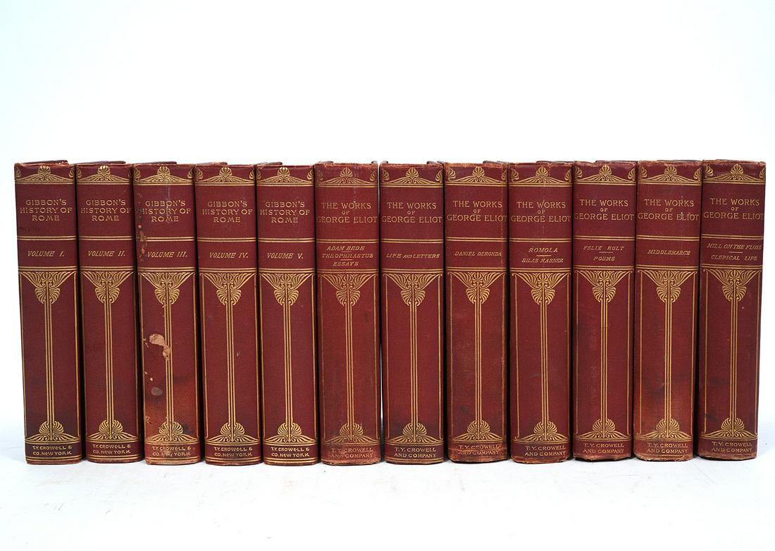 Gibbon's Rome & Works of George Eliot 12 Vols: Gibbon's "The Decline and Fall of The Roman Empire", five volumes. The Works of George Eliot, seven volumes. Both published by Thomas Y. Crowell & Company. Condition report: Common wear, scratches, sc