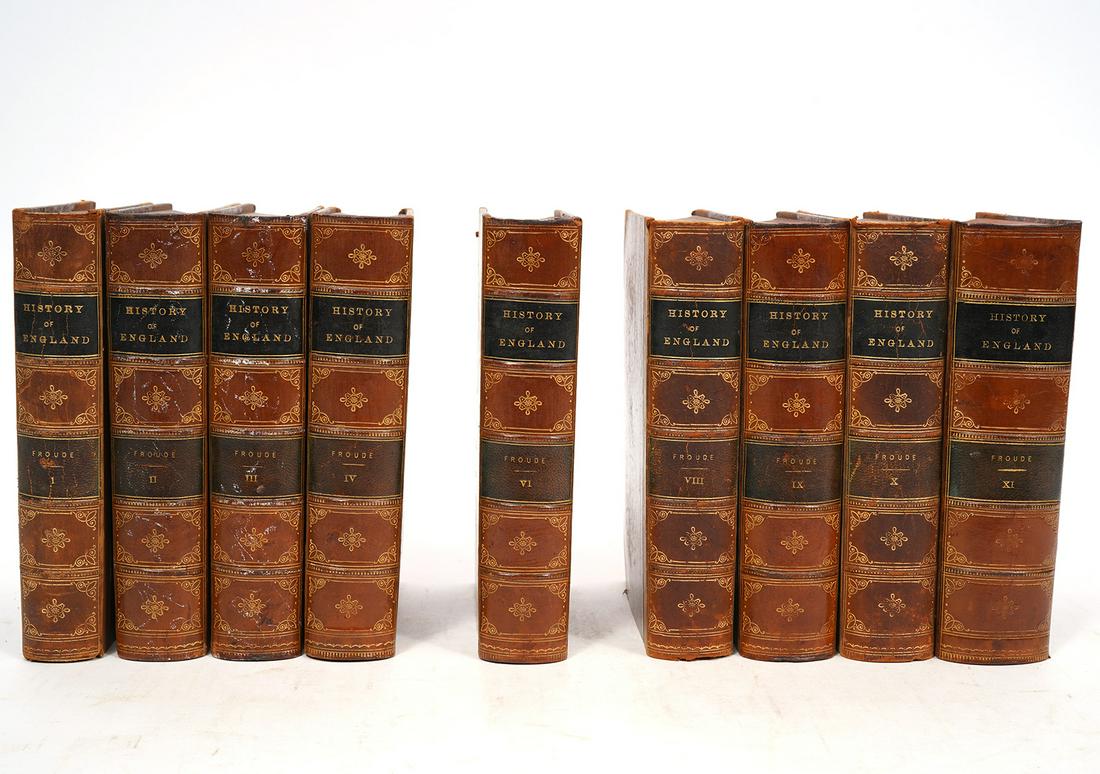 History of England James Froude 9 Volumes: Incomplete set of "The History of England" by James Froude, 9 volumes. 1869 edition. Published by Charles Scribbler and Company. Condition report: Much wear to leather cover, scratches, scuffs, and cr