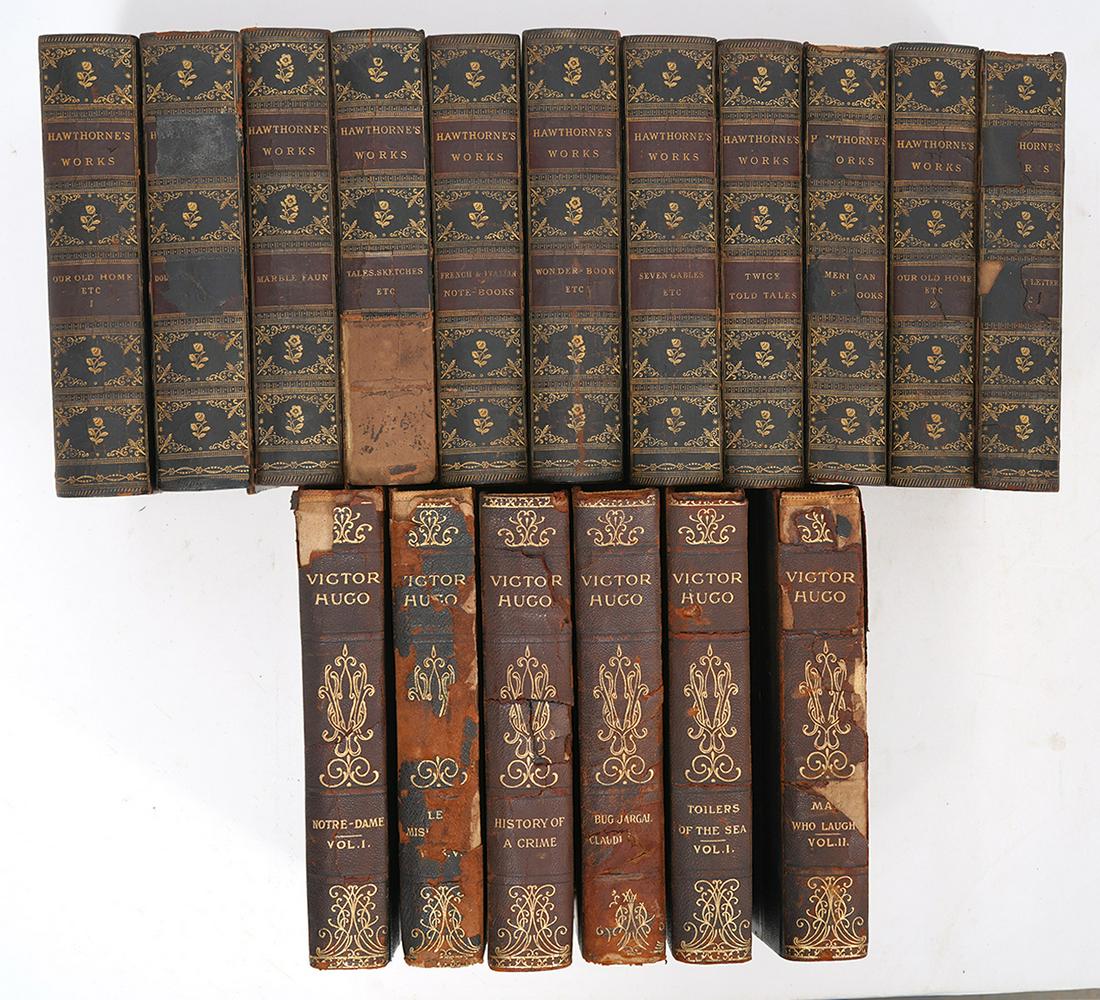 Collected Works of Hugo & Hawthorne 17 volumes: Includes: Six volumes of works by Victor Hugo, bibliophile edition limited to 1000 copies. 11 volumes of the works of Nathaniel Hawthorne. Dated 1883. Both are incomplete sets. Condition report: Cover