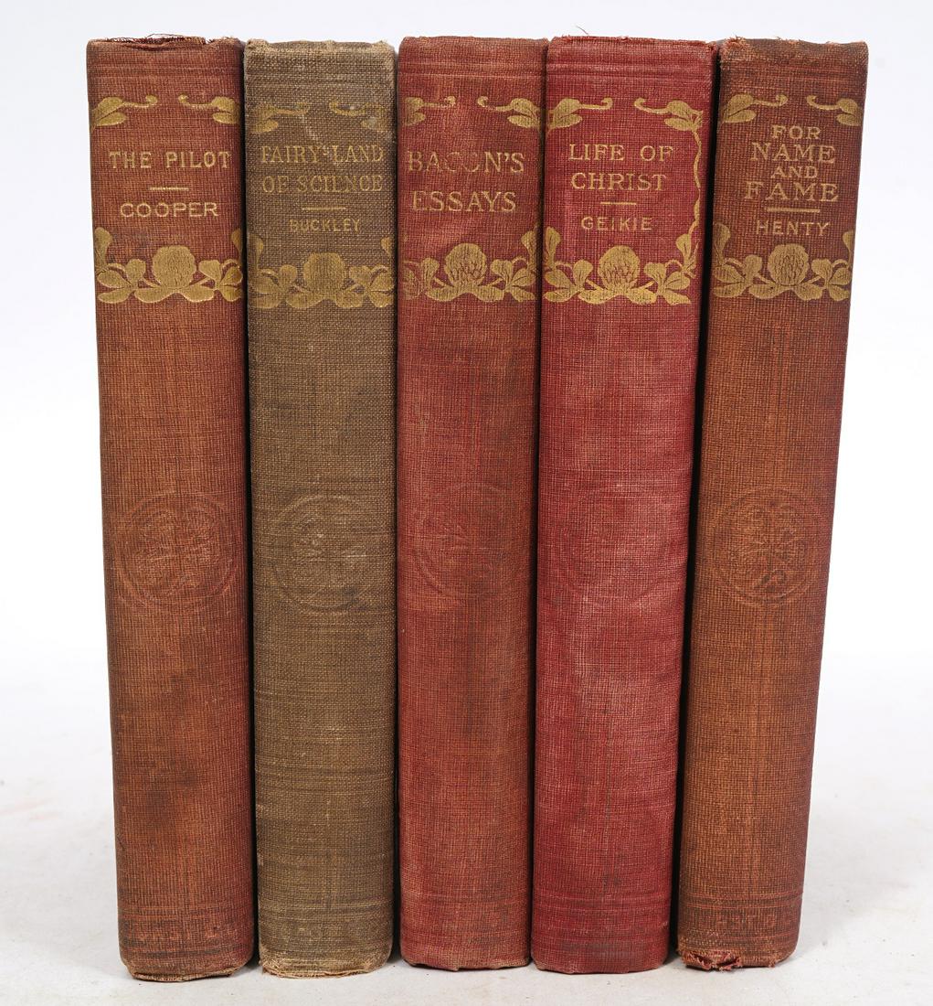 5 Ass't Collectible Books Published by Hurst & Co.: 5 assorted collectible books published by Hurst & Co. NY with similar hardovers in molded and impressed fabric. Includes 'Essay' by Francis Bacon (Dedicated inside 'Mrs. Henry W. Longfellow, In memory