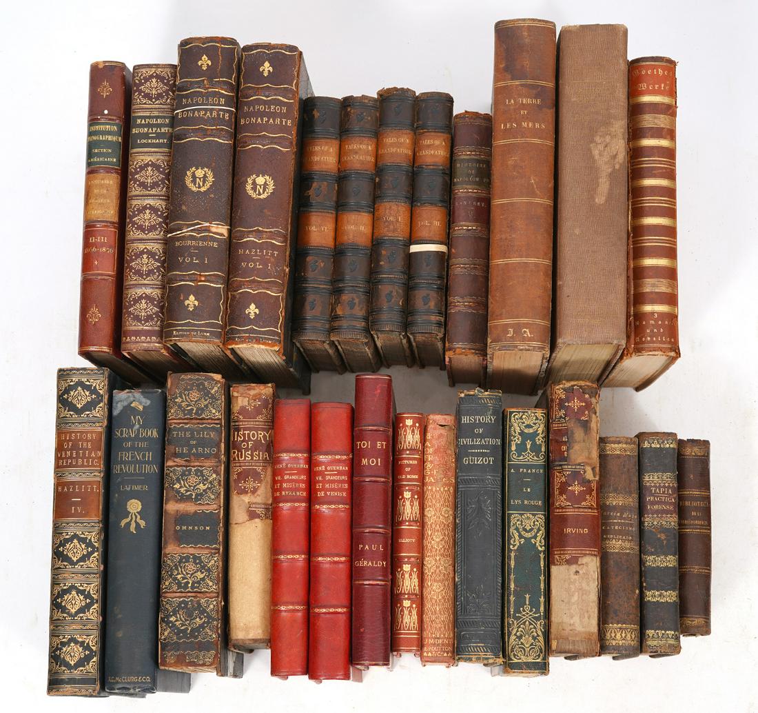 27 Historical Leatherbound Collectible Books: Assortment of 27 leatherbound books on European History, 4 Vol. History of Scotland, Napoleon, History of Russia, French Revolution, etc. dating from the 1800's to early 1900's. Assorted sizes and con