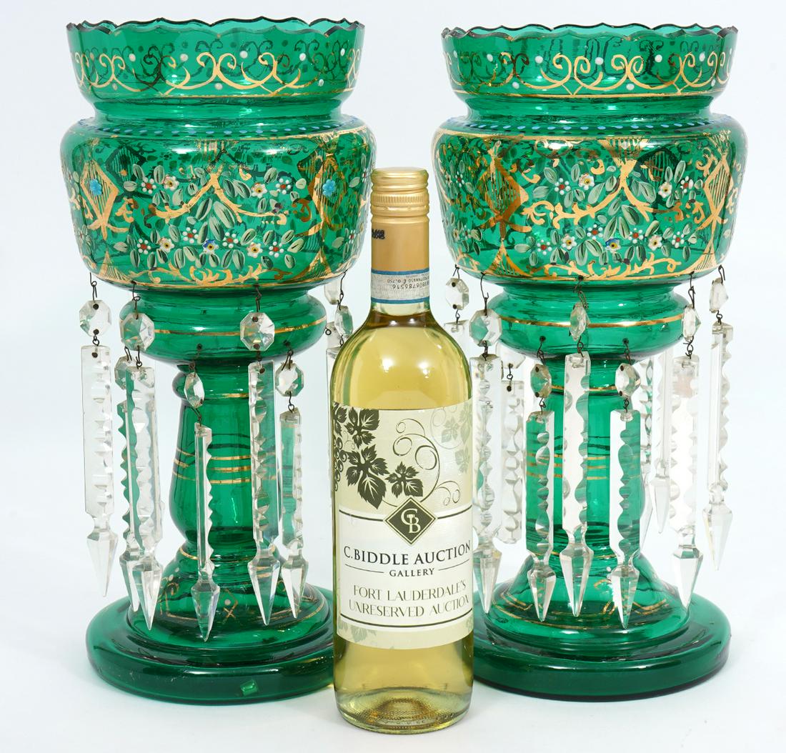 Pair of Bohemian Hand-Painted Mantle Lusters: Pair of Bohemian mantle lusters, hand-painted floral pattern over green with crystal drops. Measures 14.5"H x 7"W. Condition report: Missing and chipped crystals, some paint wear/loss. Please examine