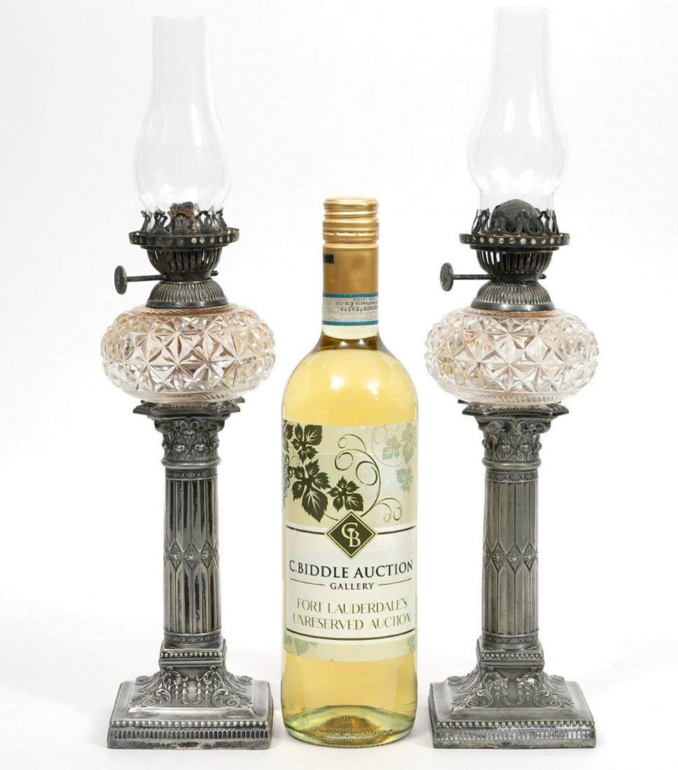 English Silver-Plate Column Style Oil Lamps (1 of 12)