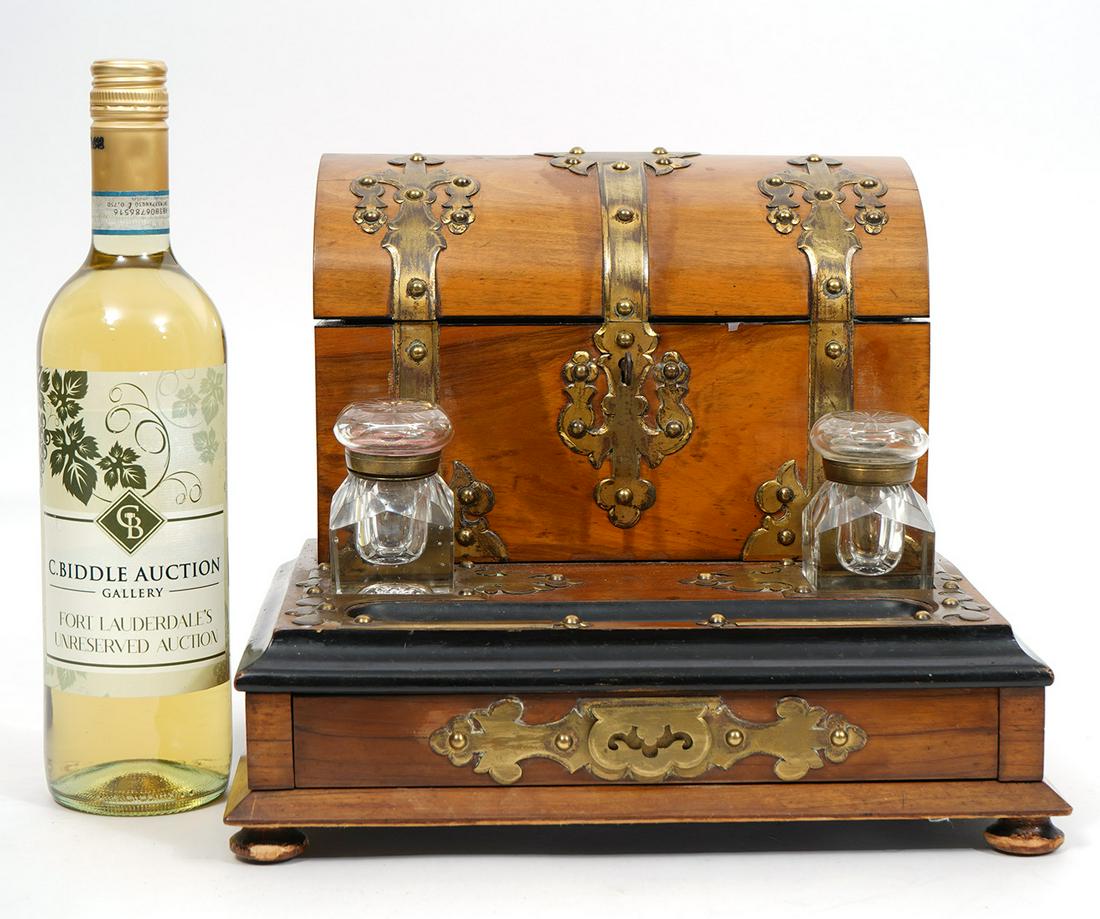 Mahogany & Brass Writer's Chest & Inkwells (1 of 9)