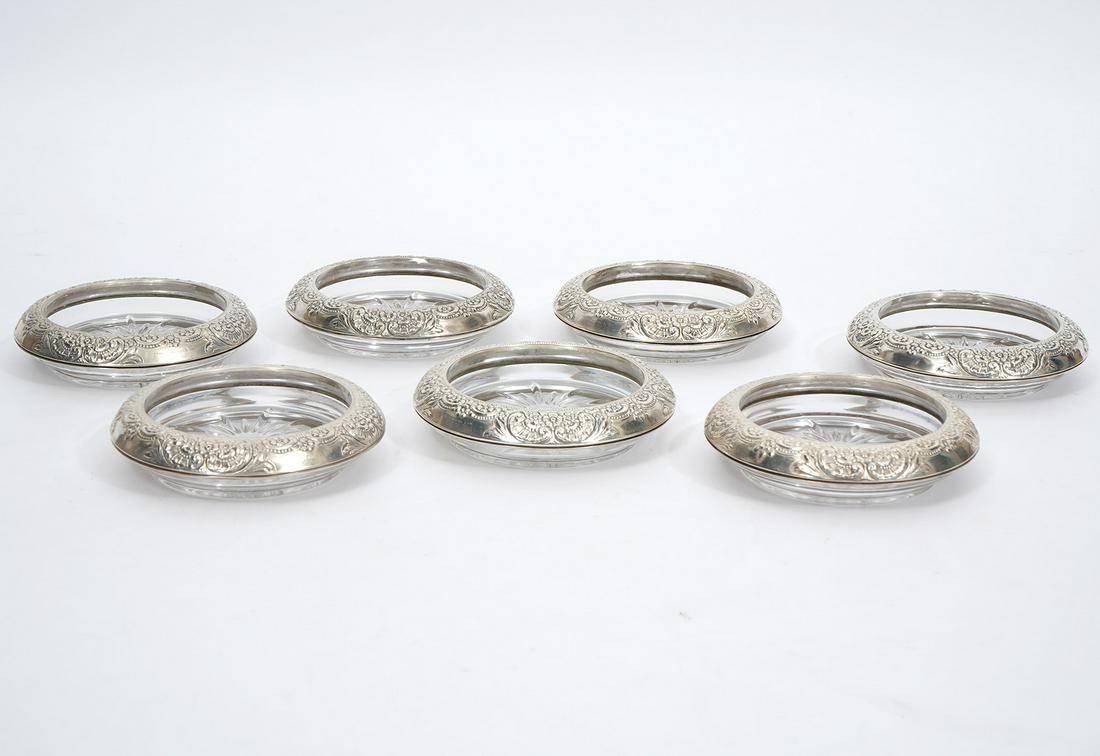 7 Whiting Sterling Silver Rimmed Glass Coasters (1 of 7)