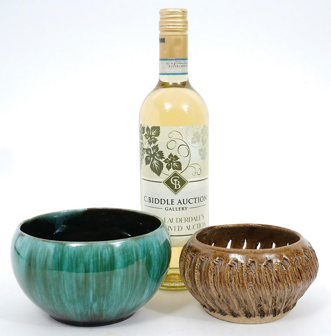 Blue Mountain & Talking Rock Art Pottery Bowl: Blue Mountain pottery glazed green drip bowl, measures 3.75"H x 6"W. Raised mark reads "BMP Canada". Talking Rock Pottery of Georgia, hand-formed bowl with cutouts, measures 3"H x 5.25"W. Condition re