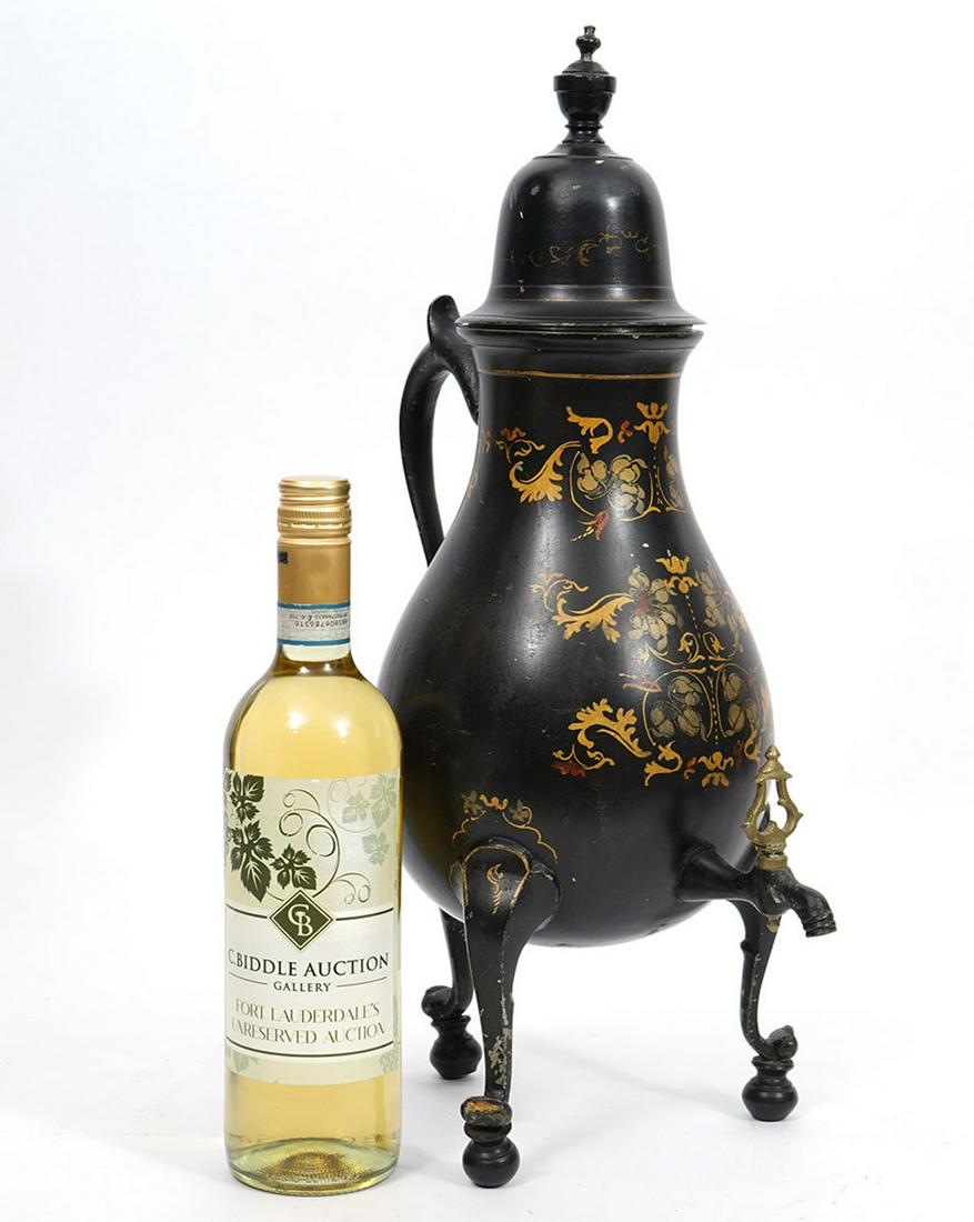 English Tole Hot Water Urn: English hand-painted tole hot water urn, measures 10.5"L x 7.25"W x 19"H. Decorated with scrolling leaf patterns. Condition report: Common wear, paint loss for age and use. Please examine all photos c