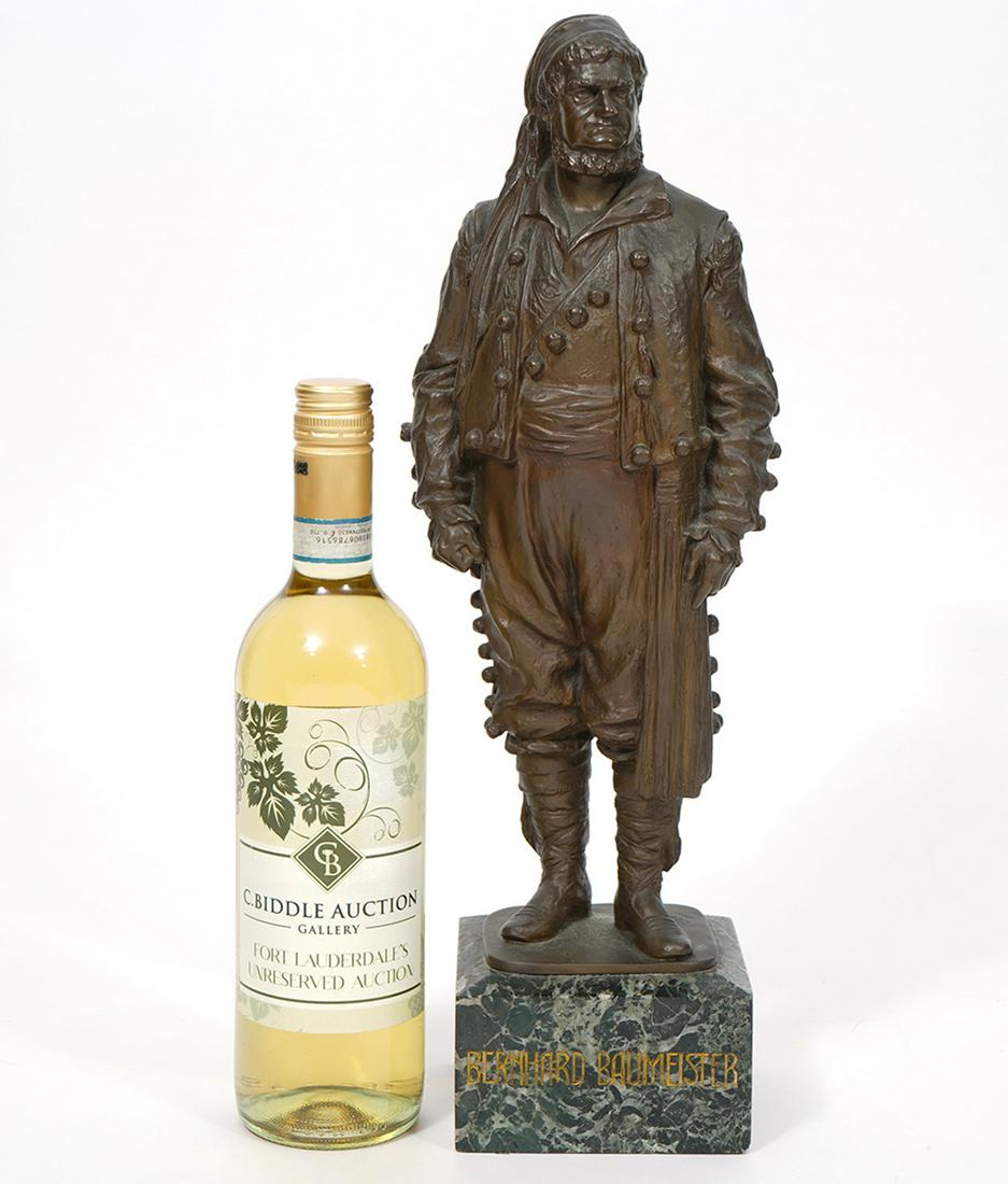 After Karl Perl Bernhard Baummeister Bronze: After Karl Perl, (Austrian, 1876 - 1965), bronze statue of Berhard Baumeister, a German actor. Mounted on green marble plinth. Measures 4.5"L x 4.25"W x 17"H. Condition report: Common wear for age, mi