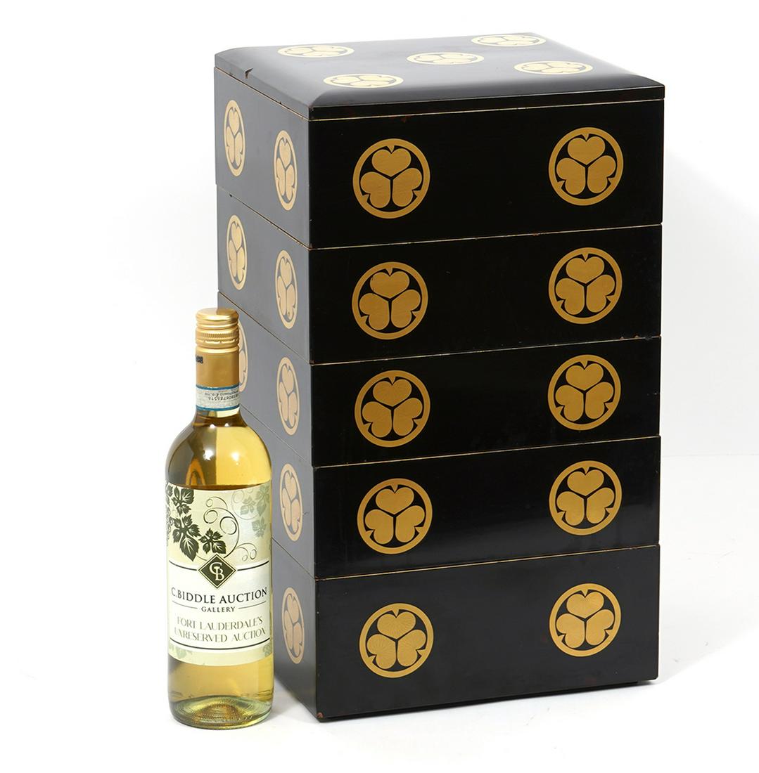 Japanese 5 Tier Laquered Wood Box: Japanese 5 tier laquered wood box with top lid, decorated with designs of Tokugawa Crest. Includes Certificate of Origin and Age identifying and affirming this piece as approximately 150 years old and