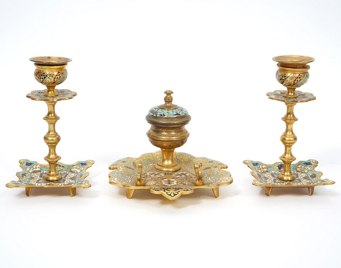 French Champleve Inkwell and Pr. Candlesticks (1 of 10)
