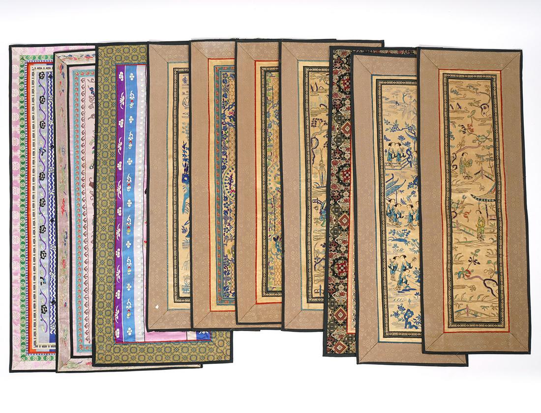 Group of 10 Chinese Embroidered Silk Rank Badges: Group of 10 Chinese embroidered silk rank badges, range in size from 9"H x 23.5"W , 11.5"H x 26"W. Condition report: Minor edge wear and tears. Please examine all photos closely. Contact C. Biddle Auc