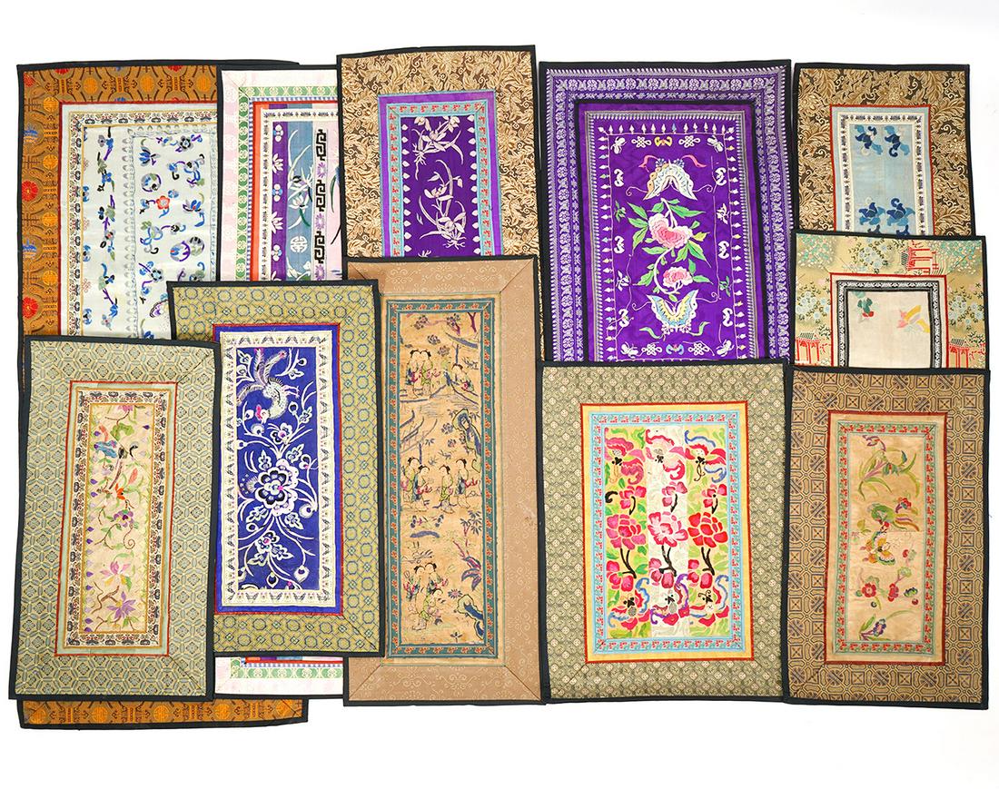 Group of 10 Chinese Embroidered Silk Rank Badges: Group of 10 Chinese embroidered silk rank badges, range in size from 7.5"W x 13"H to 12"W x 26.5"H. Condition report: Good condition, no issues, Please examine all photos closely. Contact C. Biddle Au