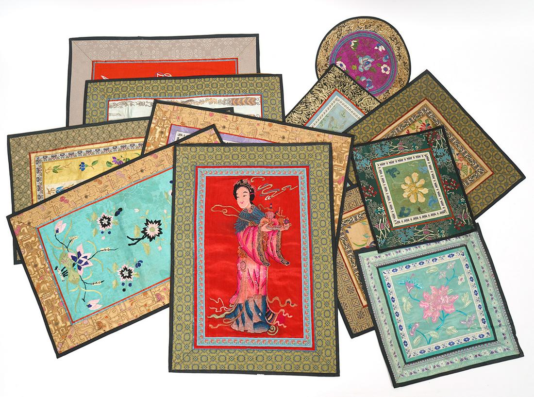 Group of 12 Chinese Embroidered Silk Rank Badges: Group of 12 Chinese embroidered silk rank badges, range in size from 8"H x 8.5"W, to 17"H x 13"W . Condition report: Minor wear to edges, please examine all photos closely. Contact C. Biddle Auction G