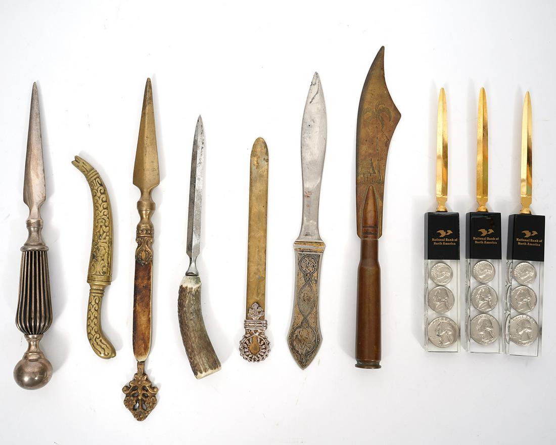Group of 10 Letter Openers: Group of ten letter openers, various sizes and composition. Includes brass, horn, acrylic and others. Ranges in size from 6.5" - 11". Condition report: Good used condition, common wear for age and use