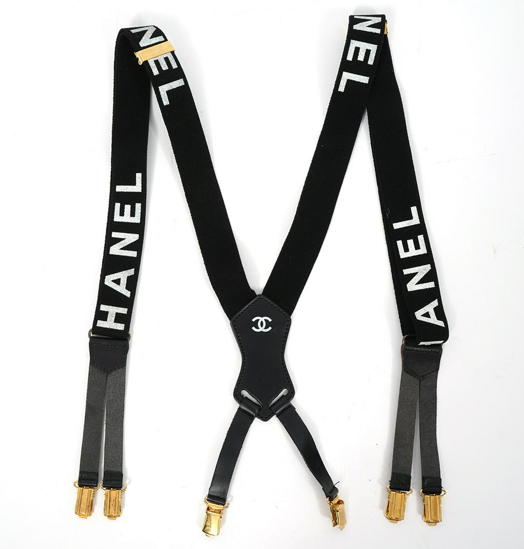 Vintage Chanel Black And White Suspenders: Vintage Chanel monogram suspenders, in black and white with leather trim and gold-tone brass hardware. Condition report: Good condition, no issues , please examine all photos closely. Contact C. Biddl