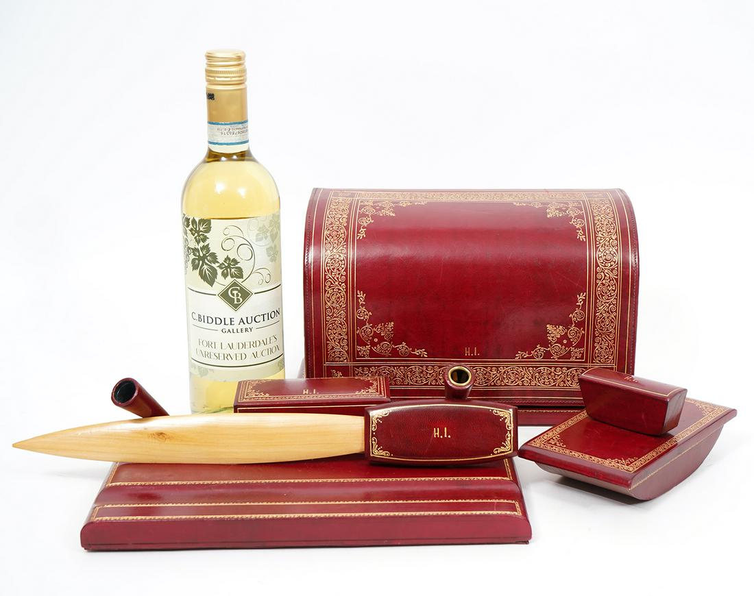 4 Piece English Tooled Red Leather Desk Set (1 of 7)
