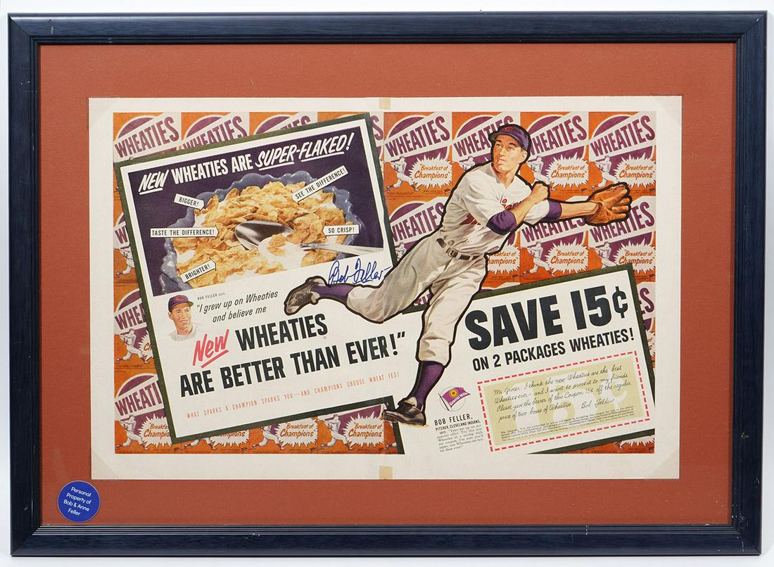 Bob Feller Signed Wheaties Ad 1952: Bob Feller signed Wheaties advertisement, circa 1952. Measurements paper 20.5 x 13.5, frame 19.5" x 26.5"W. Provenance: Bob Feller Estate. Condition report: Good condition, no issues, please examine a