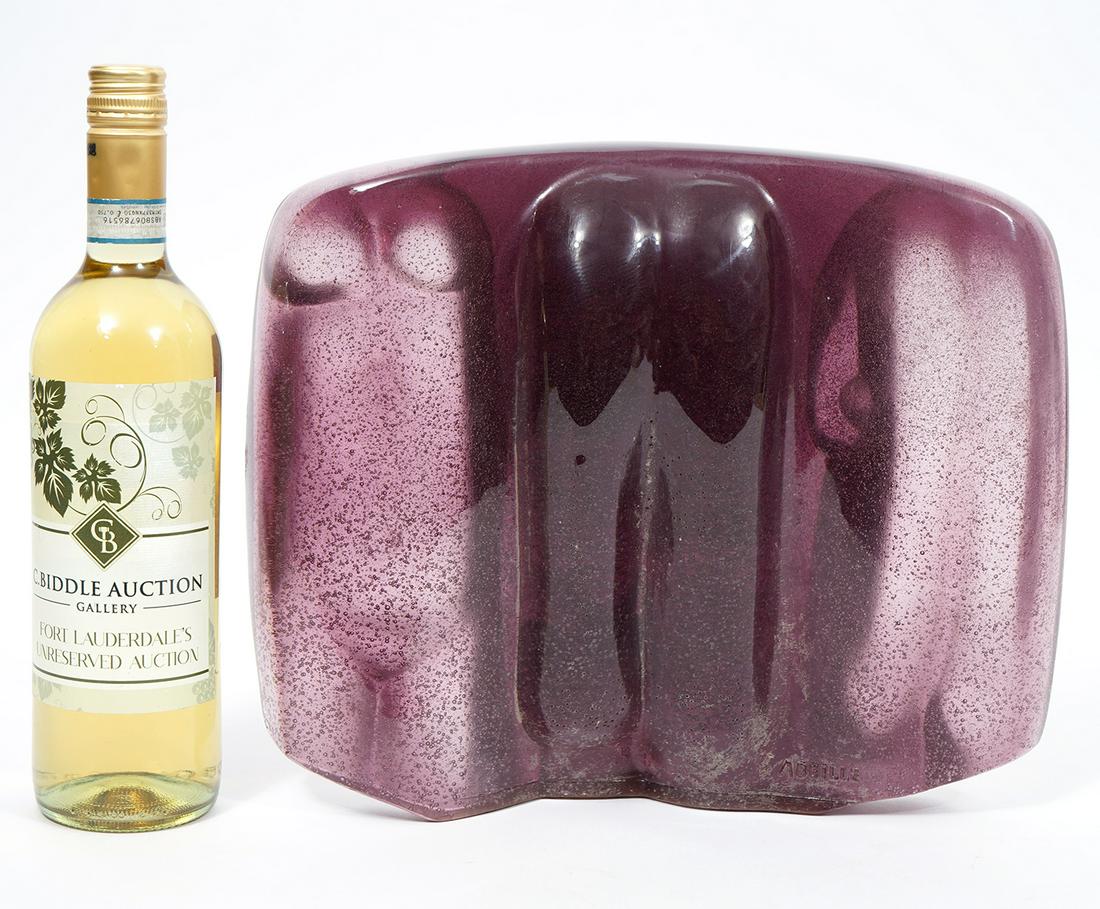 Art Glass Sculpture Signed Abeille Prob Daum: Amethyst art glass sculpture, features female nude form, signed bottom "Abeille". Most likely Daum Pate de Verre. Measures 12"L x 3.25"W x 10.5"H. Condition report: Chip to underside, please examine a