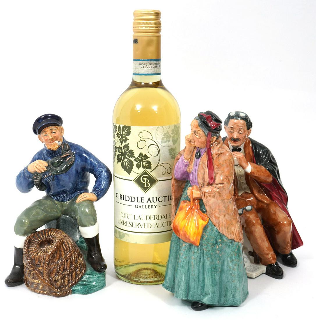 3 Doulton & Co. Ltd. Porcelain Figures: 3 Doulton & Co. Ltd. porcelain figures includes: The Lobster Man HN2317 (7.25"H x 4.25"L); The Professor HN2381 (7"H x 5.25"L); Bridget HN2070 (7.75"H). Condition report: good condition, no issues, pl