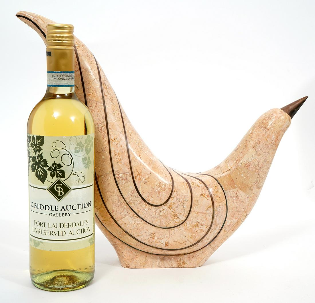 Maitland-Smith Tessellated Bird: Maitland-Smith tessellated travertine and brass inlay decorative bird. Measures 14"L x 3.25"W x 12.25"H. Condition report: Good condition, no issues , please examine all photos closely. Contact C. Bid