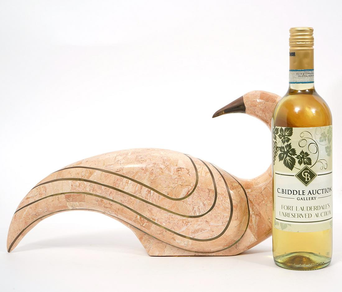 Maitland-Smith Tessellated Bird: Maitland-Smith tessellated travertine and brass inlay decorative bird. Measures 16"L x 3.5"W x 8.5"H. Condition report: Good condition, no issues , Please examine all photos closely. Contact C. Biddle