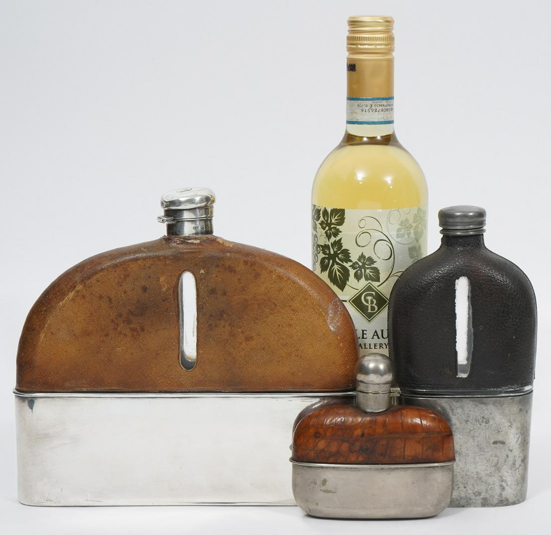 Three Sterling, Leather & Glass Flasks: English leather over glass with sterling silver top, measures (8.25"H x 7.25"W); Deakins & sons Sheffield leather bound flask (7"H x 3.25"W); Fisher Strand small flask (3.5"W x 4"H). Condition report: