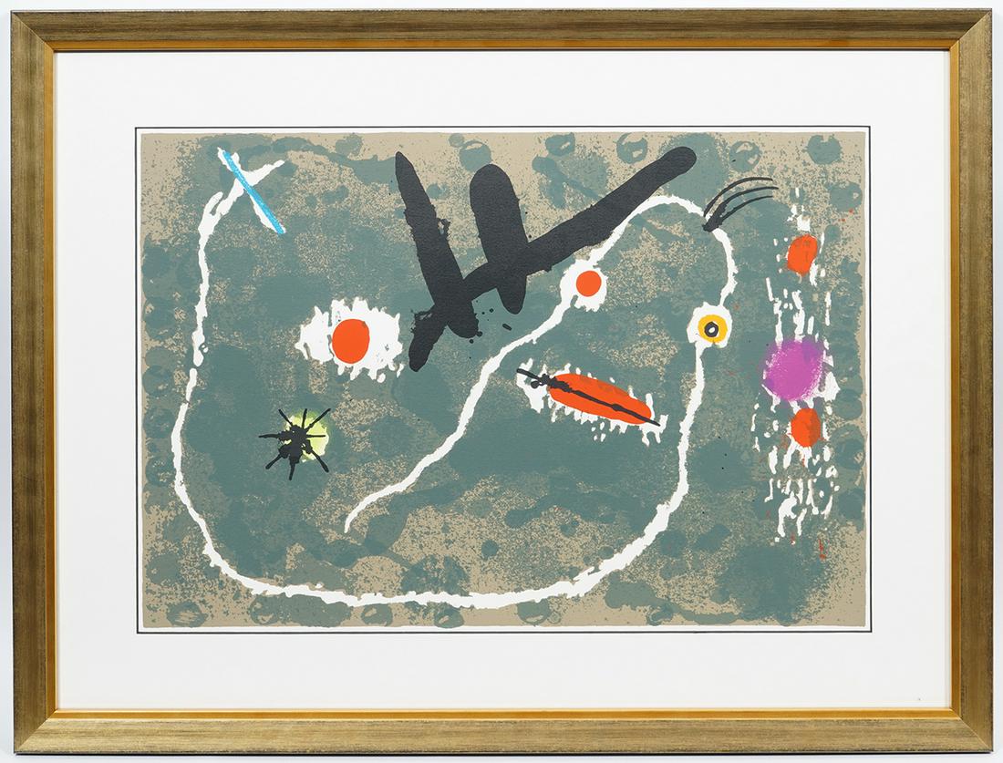 After Miro "Le Lizard aux Plumes d'Or" Print: After Joan Miro's "Le Lizard aux Plumes d'Or" print. Measurements: visual image 13.5"H x 19"W, framed 20"H x 25.5"W. Condition report: Good condition, no issues, please examine all photos closely. Con