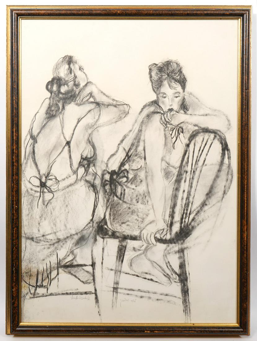 Lea Avizedek Two Figure Charcoal Drawing Framed: Lea Avizedek, (Israeli, b. 1935). Two female figures sitting in chairs, charcoal drawing. Signed at bottom. Measures 38.5"H x 27unframed, 43.5"H x 31"W framed. Condition report: Good condition, no iss