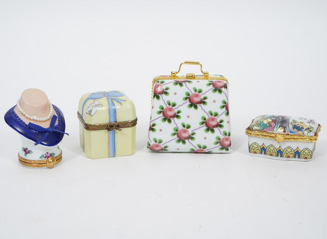 2 Limoges Porcelain Boxes and 2 Decorative Boxes: Limoges Artoria Peint Main porcelain box, #32/1000, has cobalt collar and bow with set of pearls over floral base (2.25"H x 1.75"W); Peint Main Eximious 'Happy Birthday' porcelain box with blue painte