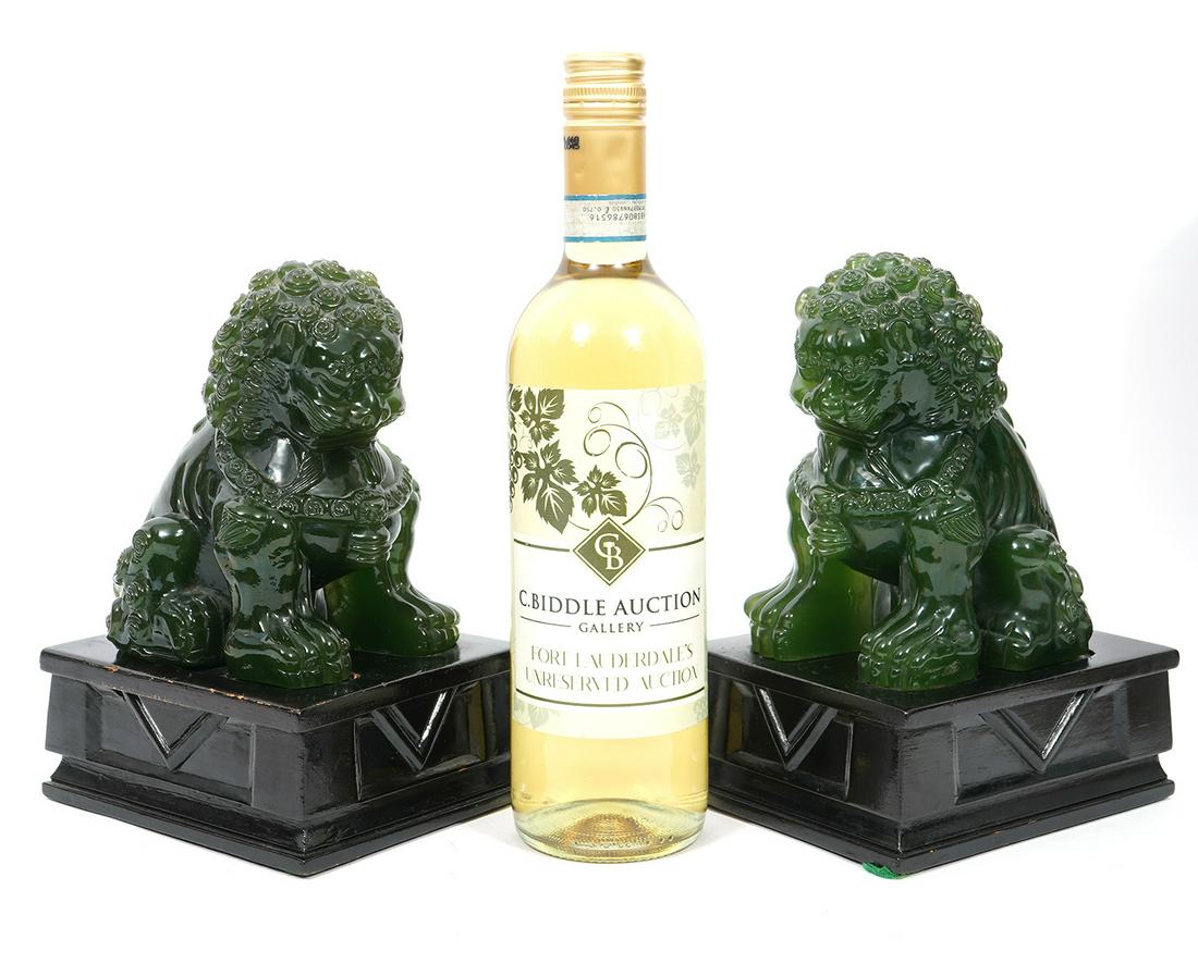 Pair of Green Glass Foo-Dogs on Pedestals (1 of 6)