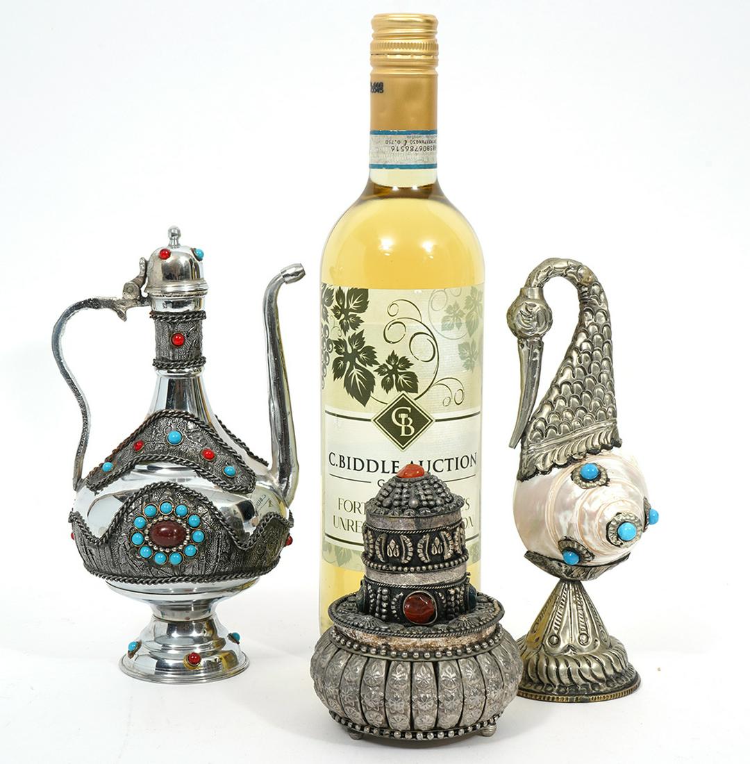 Group of Three Jeweled White Metal Objects (1 of 6)