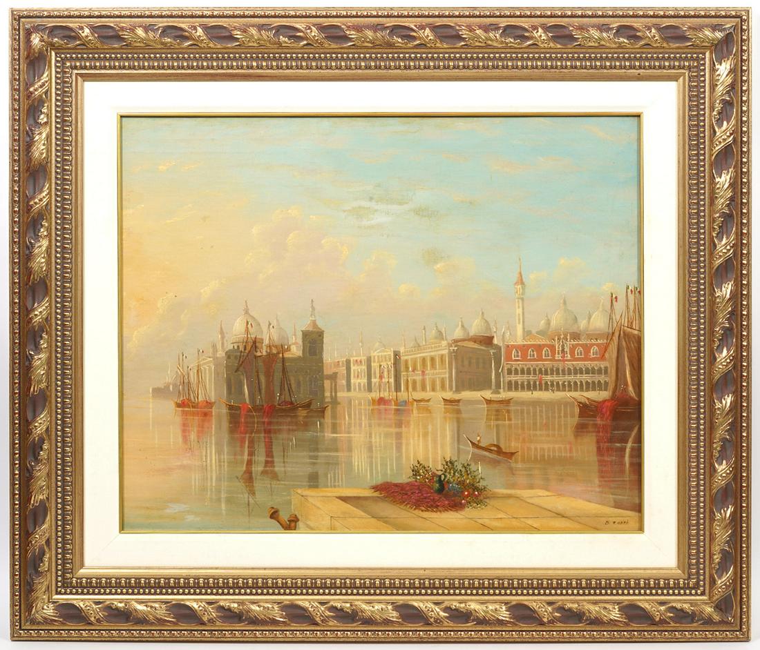 Signed 19th Ct. Oil Painting of Venice: 19th Ct. Venetian oil painting, signed bottom right. Oil on canvas. 21" H x 26" W, framed 33" x 37". Condition report: canvas has been relined, see photos. Contact C. Biddle Auction Gallery for more d