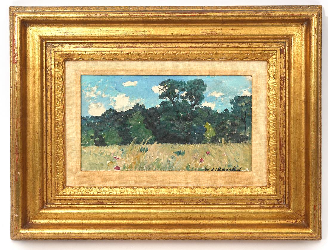 Nicolai Cikovsky Oil Painting Landscape: Nicolai Cikovsky (Russian/American, 1894-1984), oil on board, landscape scene. Measurements: Visual image 9"H x 5.25"W; Framed 12.75"H x 16.75"W. Condition report: Minor gilt loss to frame, please exa