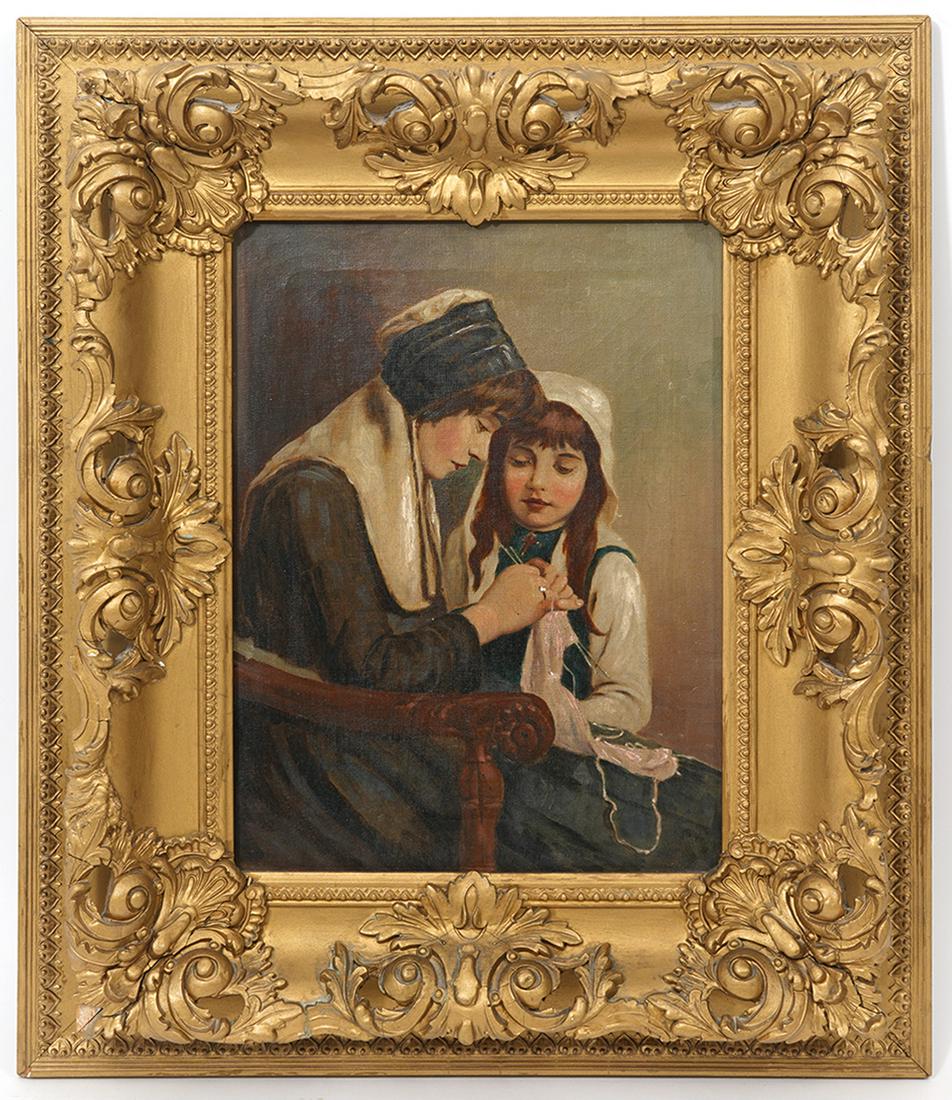 Oil on Canvas Unsigned 'Sewing Lesson' Painting (1 of 6)