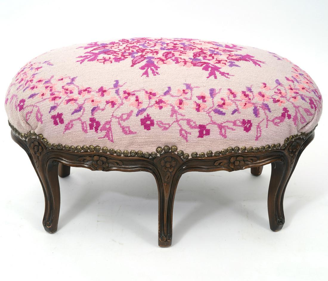 Pink and Purple Floral Needlepoint Footstool (1 of 4)