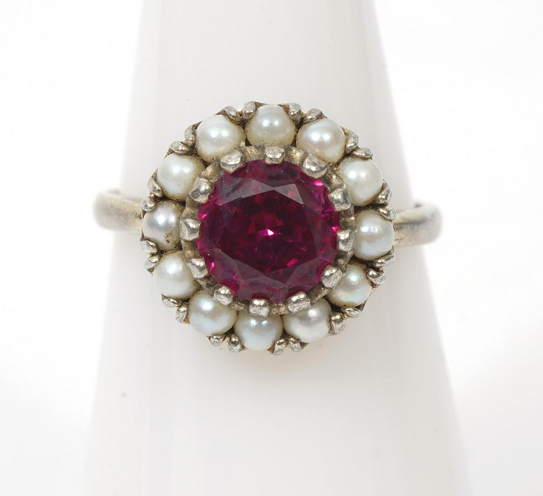 Halo Synthetic Ruby Pearls 10K WG Ring Size 5.5 (1 of 6)