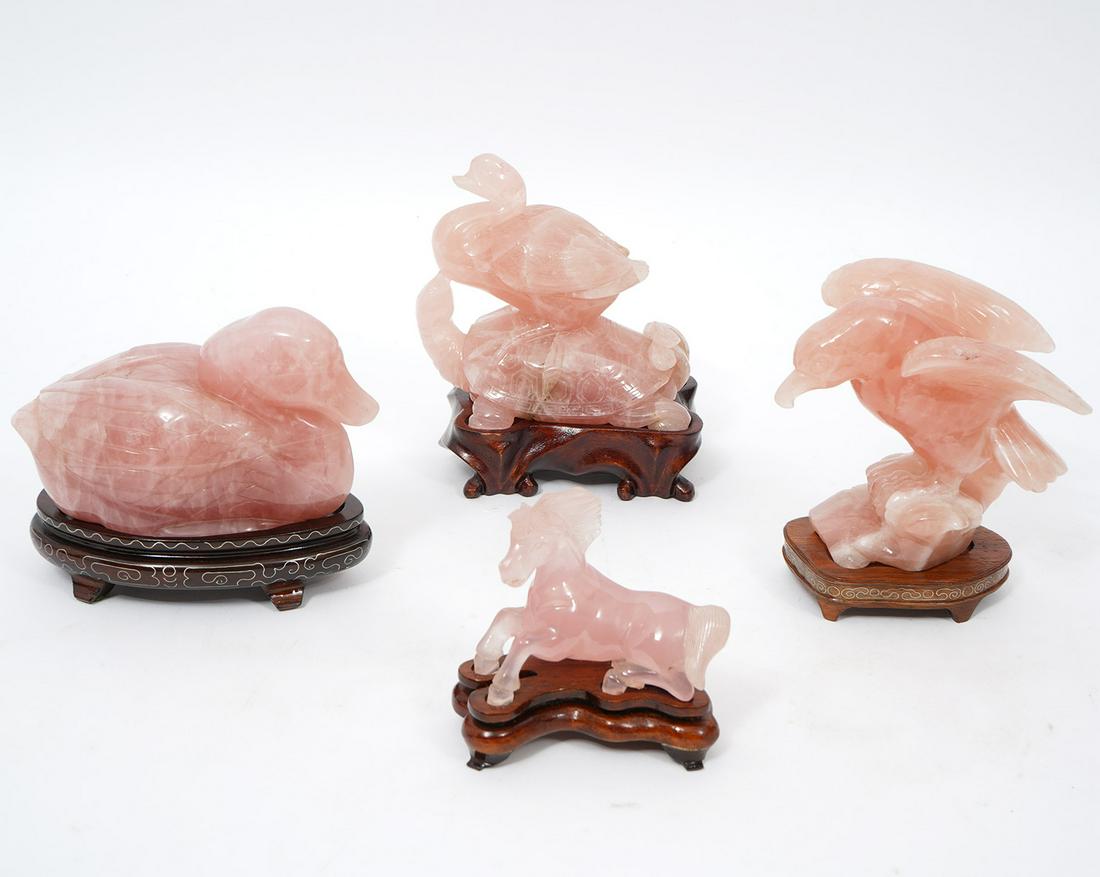4 Carved Rose Quartz Figurines on Wood Bases (1 of 12)