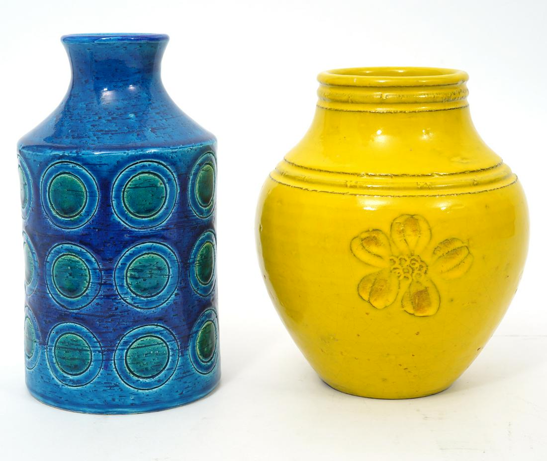 Two Glazed Art Pottery Vases Blue & Yellow (1 of 8)