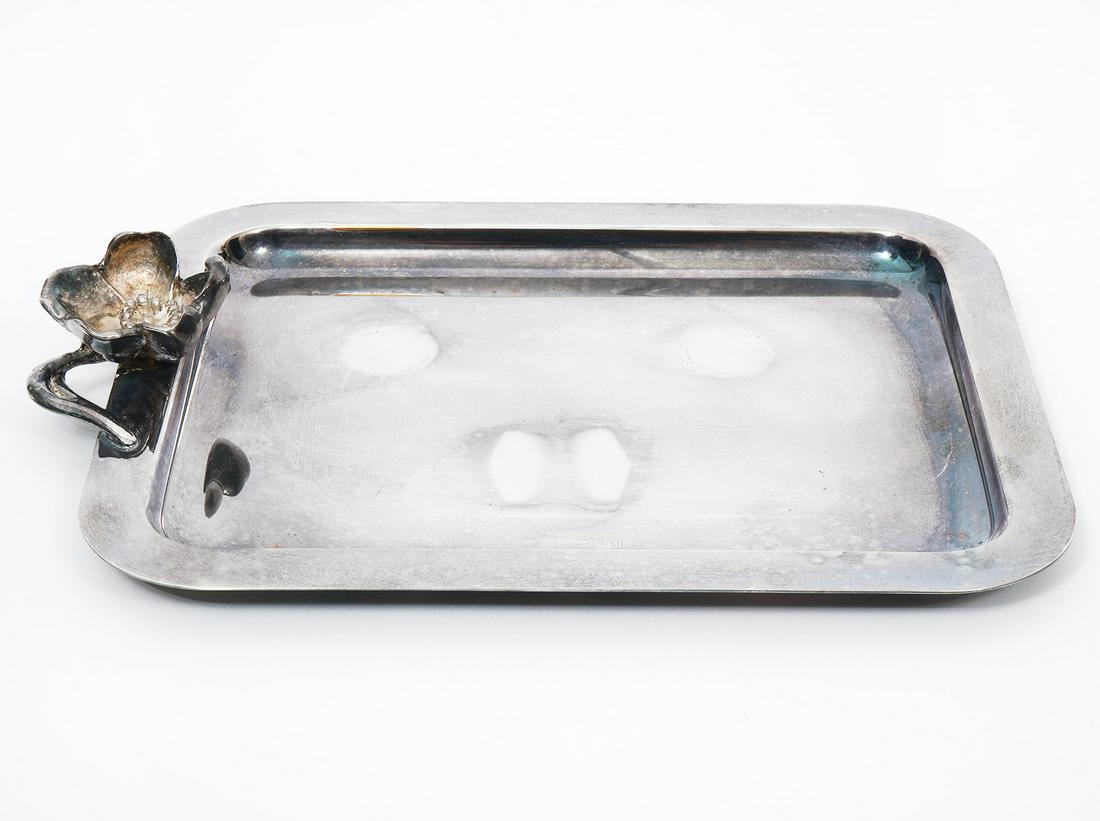 Christofle Silverplate Anemone-Belle Epoque Tray: Christofle silverplate Anenome-Belle Epoque tray with blooming anenome flower on one end. Marked on front. Measures 9.25"L x 7"W. Condition report: very light surface scratches, please see all photos.