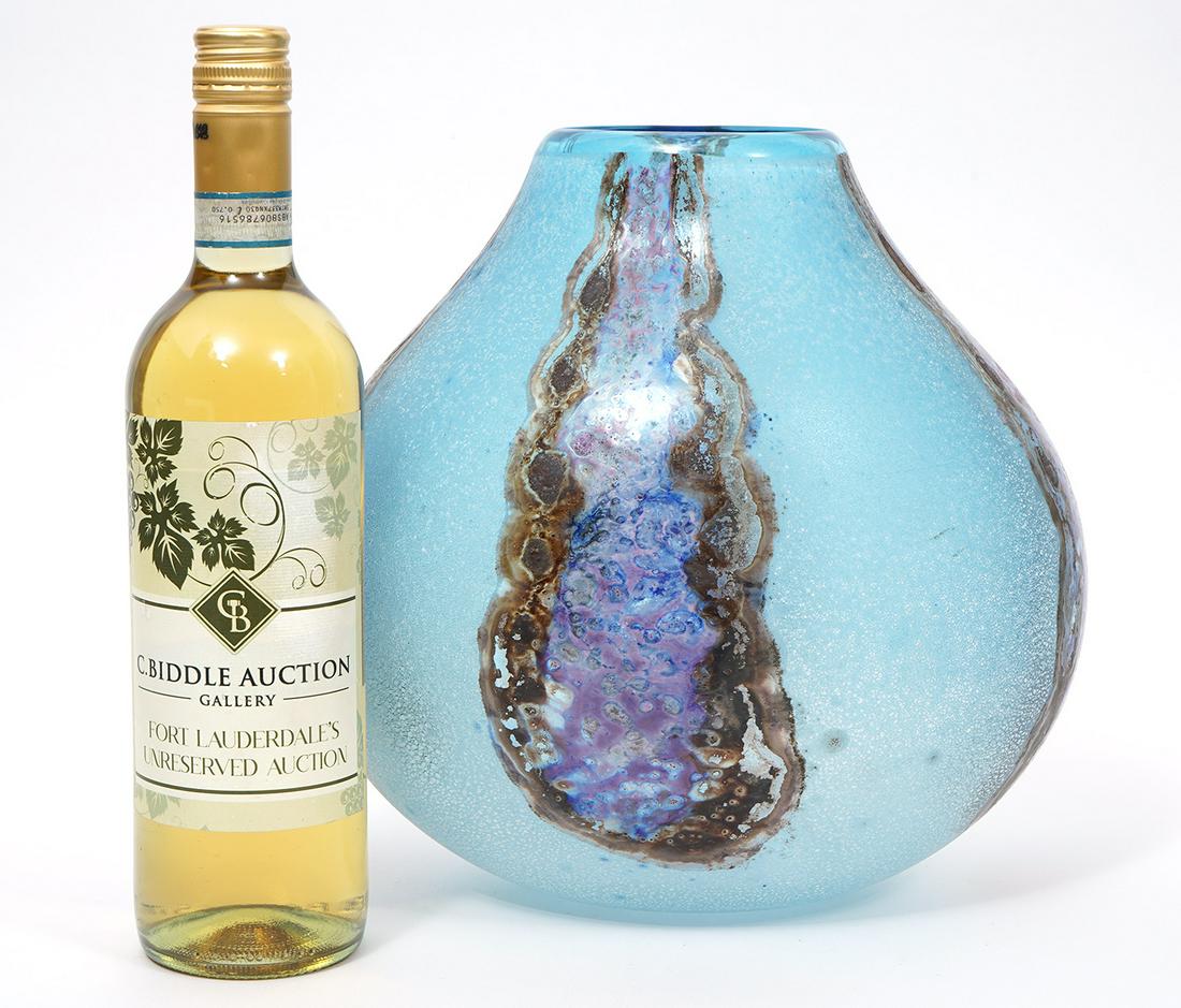 Alfredo Barbini Murano Fire & Ash Art Glass Vase: Alfredo Barbini for Murano Fire & Ash art glass vase in blue with acid textured surface, signature etched on bottom. Measures 10.25"H x 10"L x 3.25"W at top. Condition report: good condition, please s