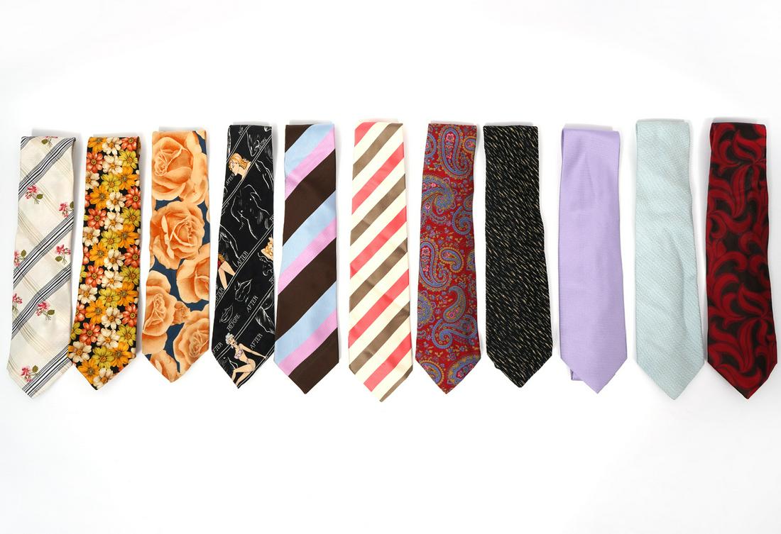 11 Assorted Vintage Ties: 11 assorted vintage ties includes 2 Kenzos, Uomo Volonte, 2 Etros, Atelier F & B, Corneliani, Zilli, Nicole Miller, Nicky and Prochownick. Measures 27"L - 30"L. Condition report: good vintage conditio