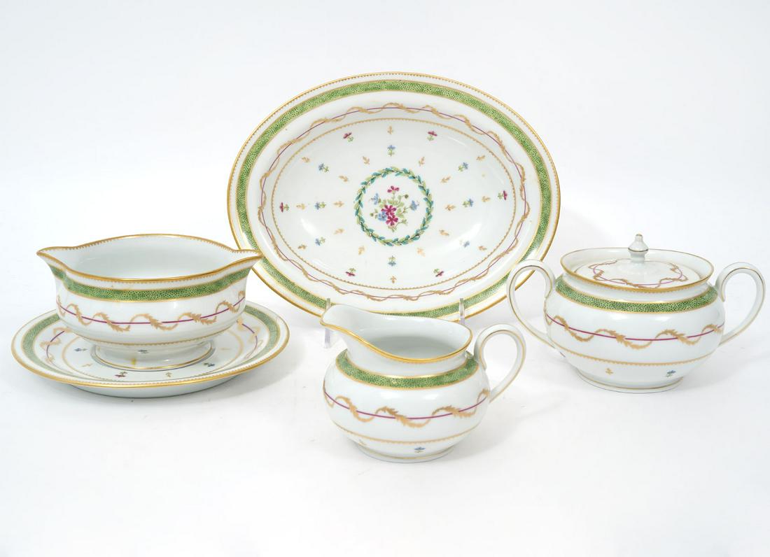 4 Haviland Vieux Paris Serving Pieces: 4 pieces Haviland Vieux Paris Green by Limoges with 22K gold trim includes oval serving dish (9.25"L x 7.25"W x 2"H); covered sugar bowl (3.75"H x 6.5"W); gravy boat (2.5"H x 6"L x 4.5"W); creamer (3"