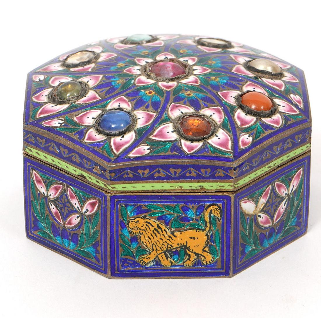 Indian Enameled & Jeweled Silver 82g Trinket Box (1 of 8)