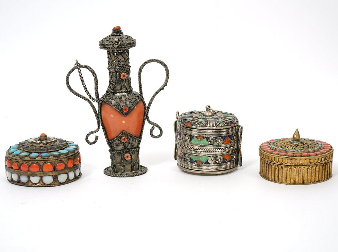 3 Tibetan Jeweled Metal Boxes and Snuff Bottle (1 of 11)