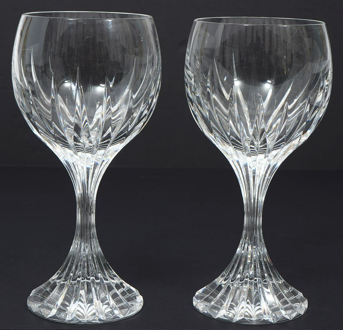 2 Baccarat 'Massena' Pattern Crystal Wine Glasses: Two Baccarat 'Massena' pattern crystal wine glasses, acid etched mark underside. Each measures 6.5"H x 3.25"W. Condition report: Good condition, no issues, please examine all photos closely. Contact C