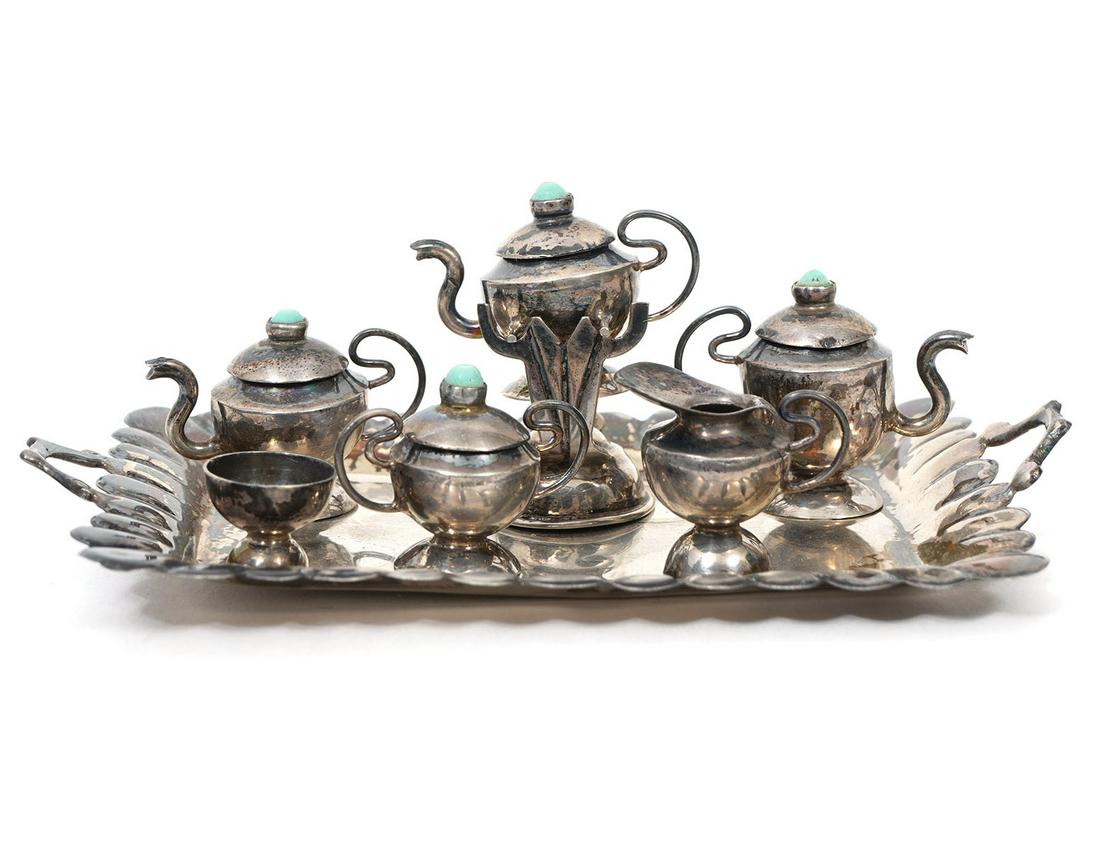 Mexican Miniature Sterling & Turquoise Tea Set (1 of 9)
