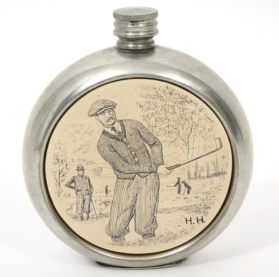 English Sheffield Pewter Flask With Golf Scene (1 of 10)